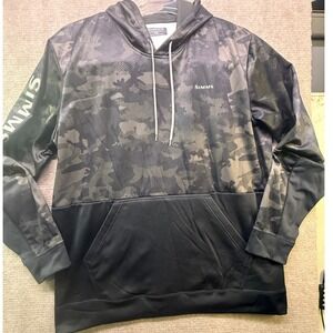 Simms Hoodie Mens XXL Black Camo Good Fishing Performance Sweatshirt 41307
